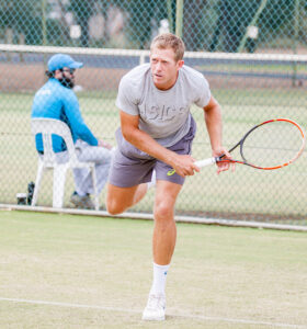 Two-time Mildura Grand Tennis International winner Brydan Klein returns