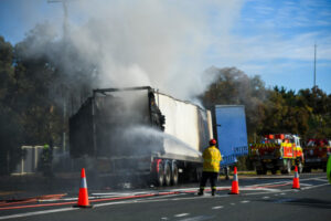 Traffic chaos as truck bursts into flames
