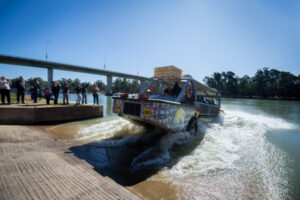 Vintage military vehicles make a splash.